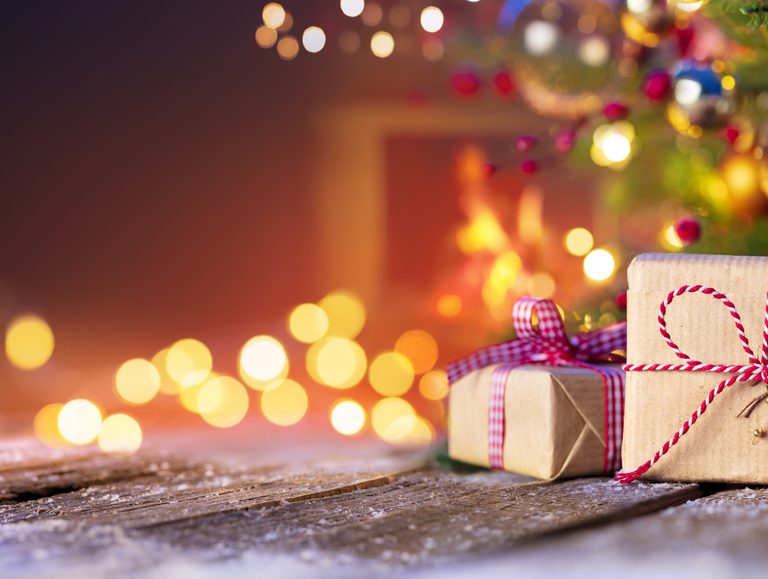Christmas Home Room - Gift Box Below Tree With Lights And Fireplace, by Art In Voyage