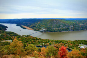 Aerial autumnal view of the Hudson river and Bear Mountain Bridge in the Hudson Valley