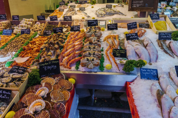 counter with different seafood in Trouville-sur-mer, France